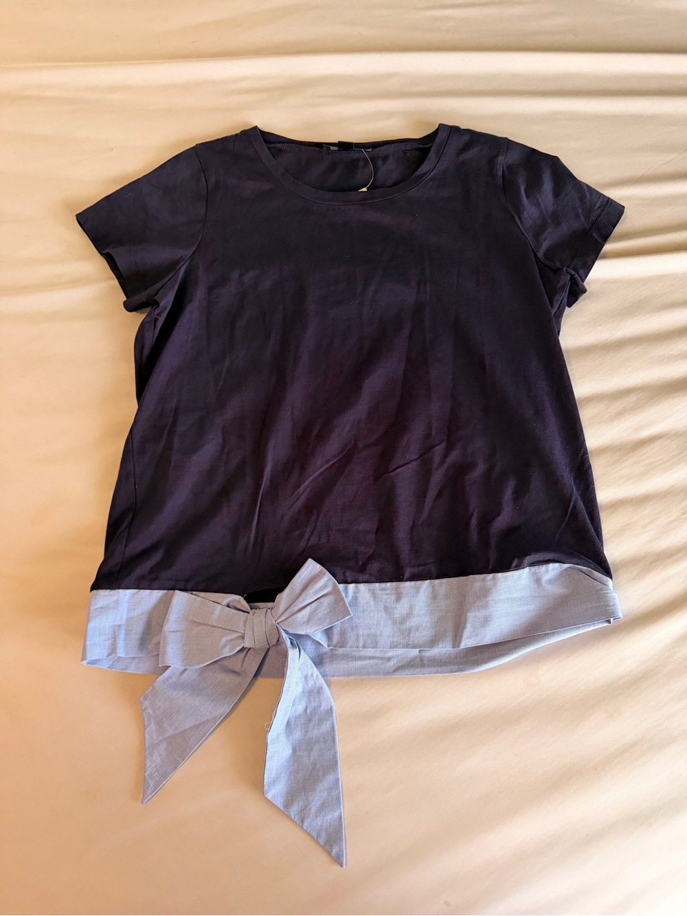 J. Crew Navy Short Sleeve Top with Light Blue Tie Hem